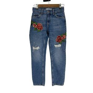 Zara Basic Denim Floral Sequin Distressed Straight Leg Jeans Women's Size 00